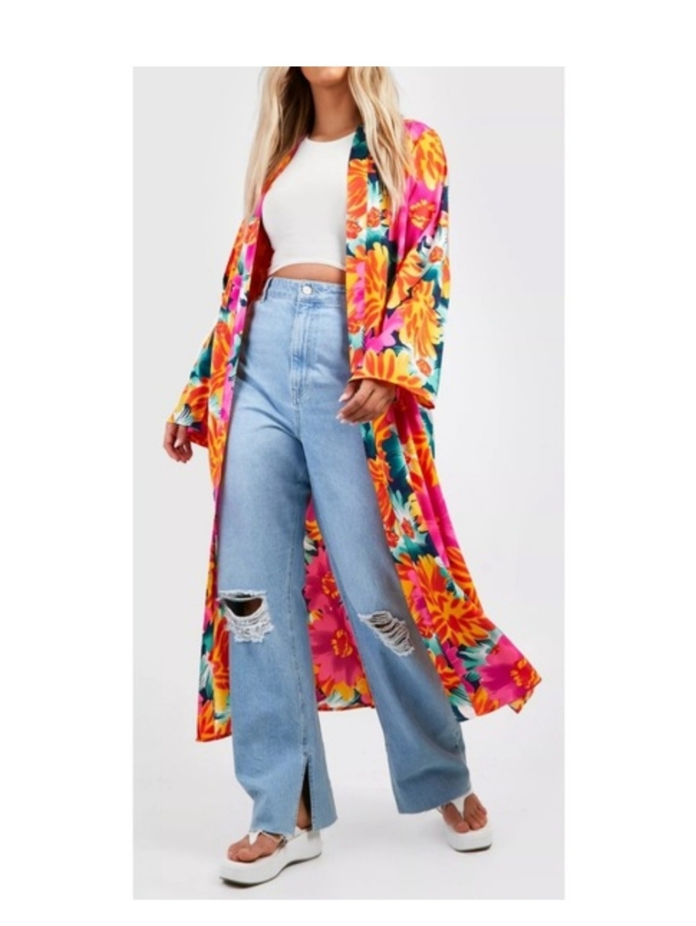 Boohoo Hot Pink Orange Floral Boho-Luxe Maxi Kimono Women's Size 24 (U.S.)